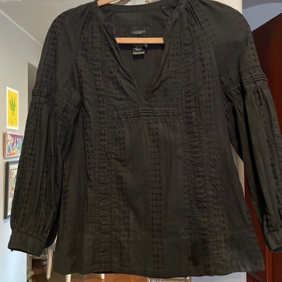 SANCTUARY BLACK LONG SLEEVE BOHO EMBROIDERED LIGHTWEIGHT BLOUSE V NECK MEDIUM - Picture 1 of 6